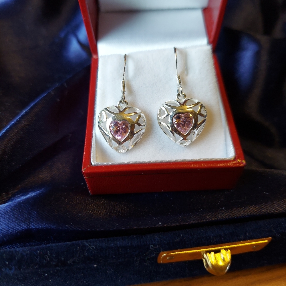 SS 925 Dangle Heart Earrings w/Pink Cz 1", GC. - Picture 2 of 8